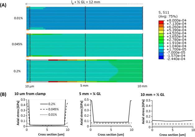 The stress distribution in a 20mm gauge length sample. Mechanical properties of carbon nanotube fibres: St Venant’s principle at the limit and the role of imperfections