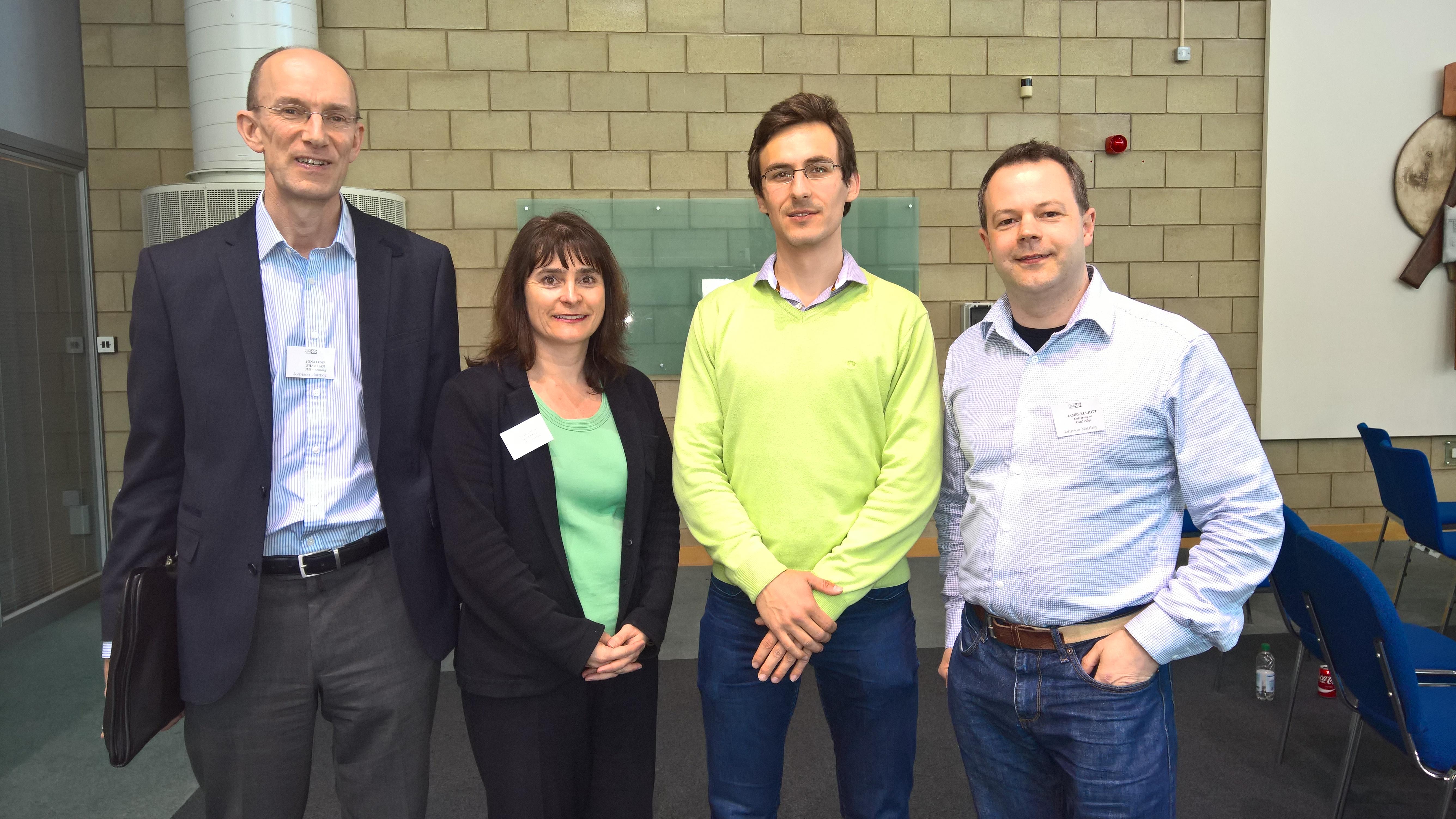 Peter with his industrial supervisor (far left) Dr Jonathan Sharman, Dr Elizabeth Rowsell (Director, Johnson Matthey Technology Centre) and his academic supervisor, Dr James Elliott (far right) Peter Vanya JMAC Poster Prize