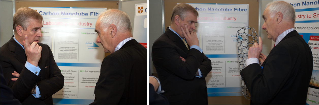 Prof. Windle discussing CNT fibre spinning with HRH The Duke of York.